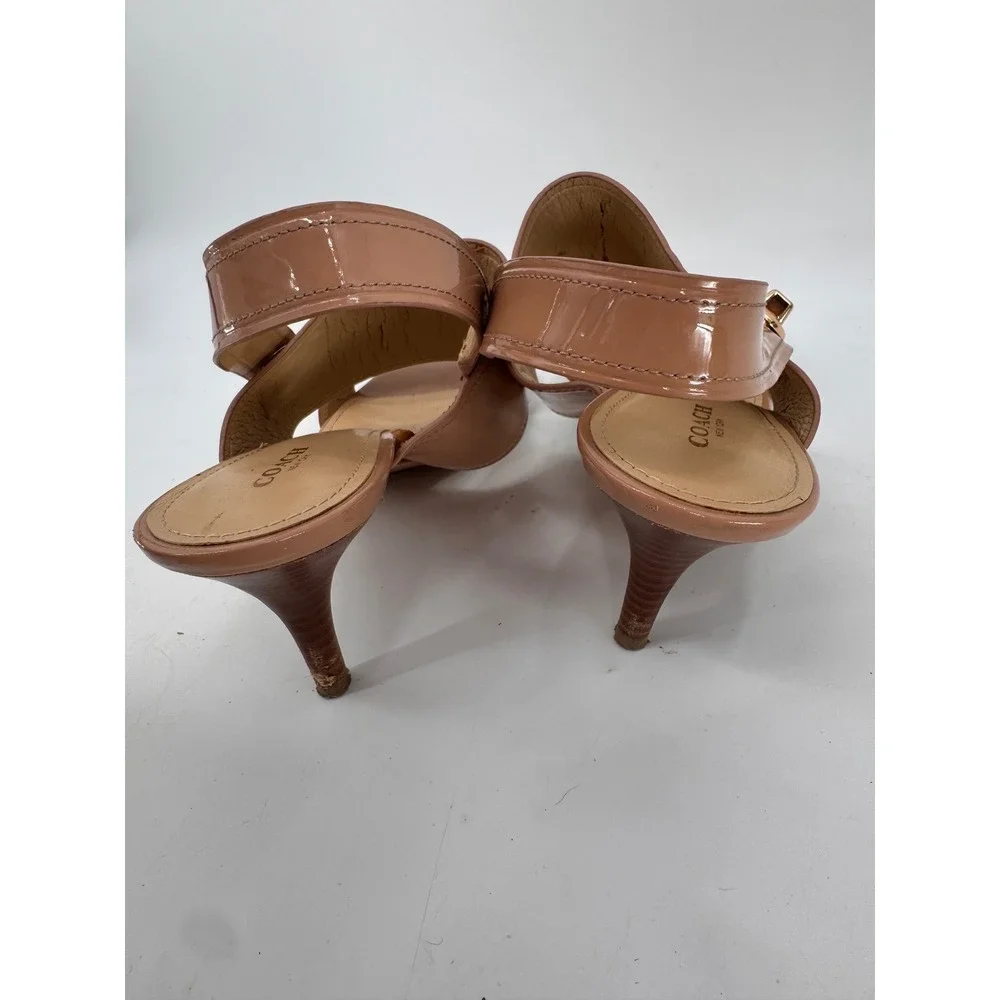 Coach Slingback Sandals Women 10B Tan Patent Leather Turnlock Kitten Heels Read
